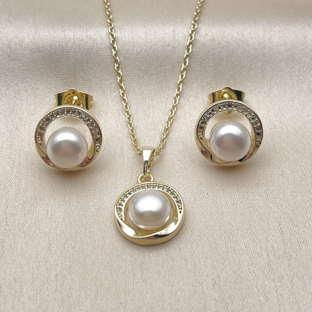 Oro Laminado Earring and Pendant Adult Set, Gold Filled Style Cluster Design, with Ivory Pearl and White Micro Pave, Polished, Golden Finish