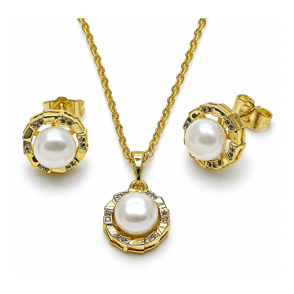 Oro Laminado Earring and Pendant Adult Set, Gold Filled Style Flower Design, with Ivory Pearl and White Micro Pave, Polished, Golden Finish
