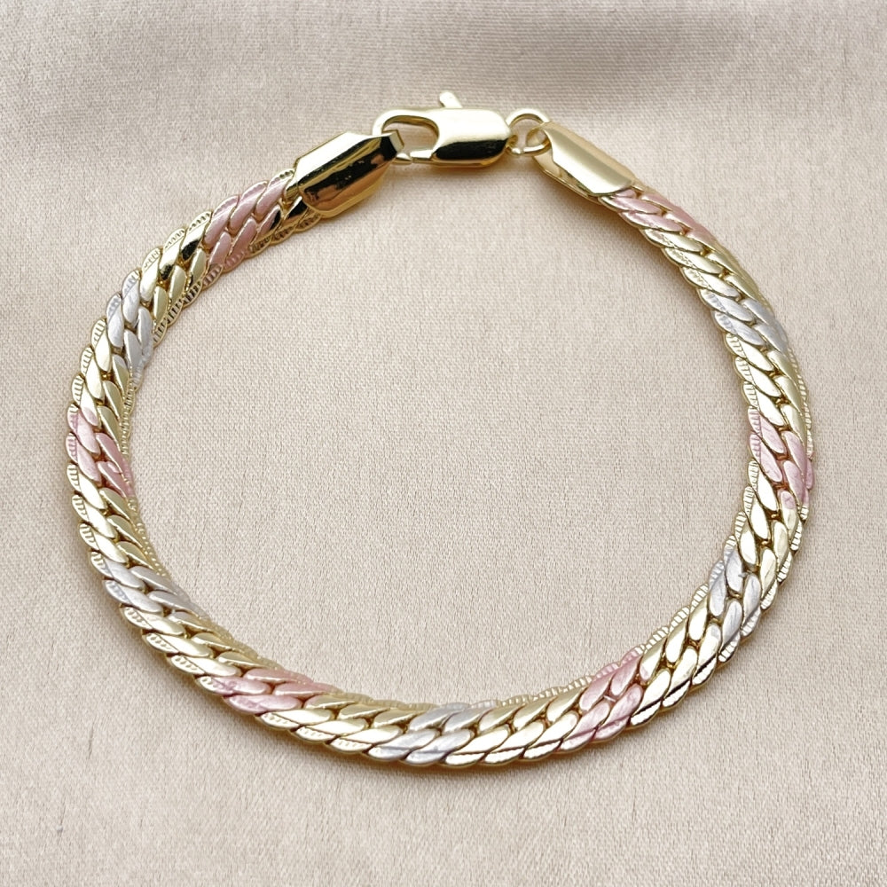 Oro Laminado Basic Bracelet, Gold Filled Style Curb Design, Polished, Tricolor