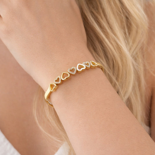 Oro Laminado Individual Bangle, Gold Filled Style Heart Design, with White Micro Pave, Polished, Golden Finish