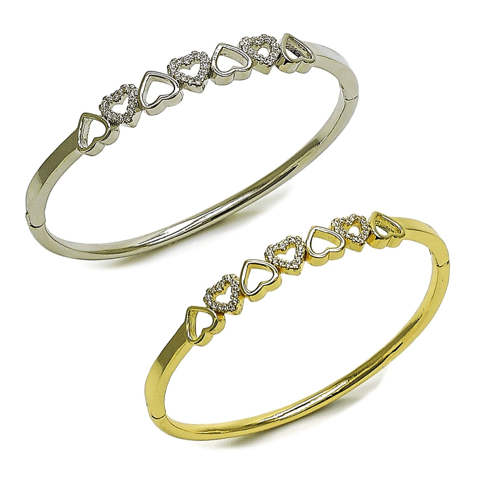 Oro Laminado Individual Bangle, Gold Filled Style Heart Design, with White Micro Pave, Polished, Golden Finish
