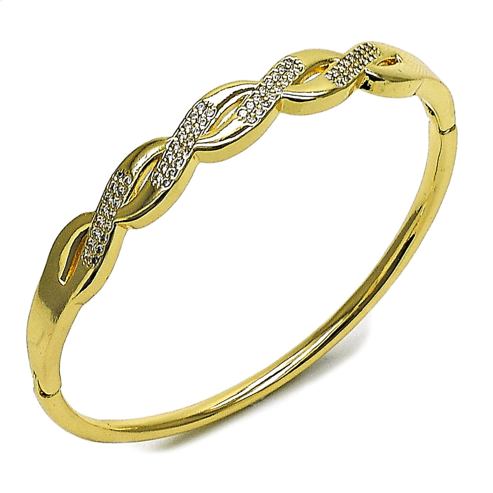 Oro Laminado Individual Bangle, Gold Filled Style Twist Design, with White Cubic Zirconia, Polished, Golden Finish