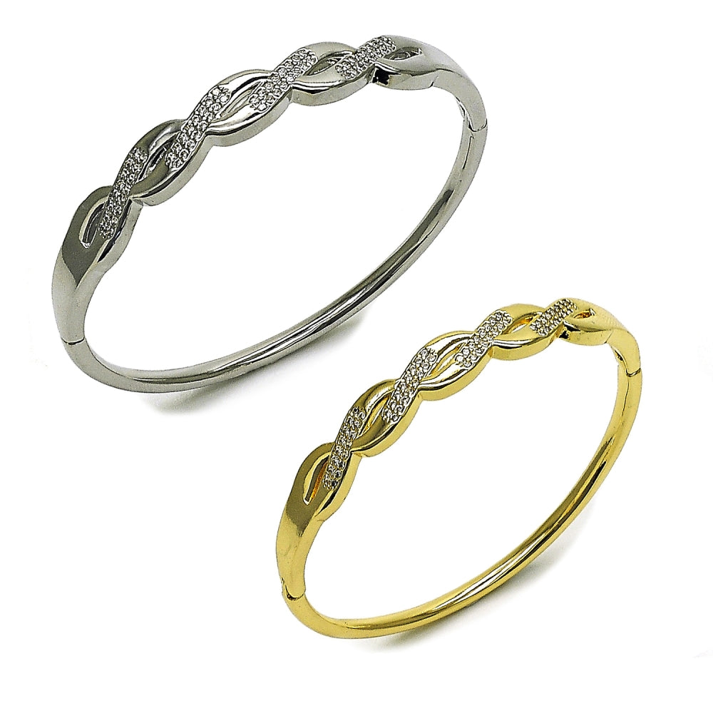 Oro Laminado Individual Bangle, Gold Filled Style Twist Design, with White Cubic Zirconia, Polished, Golden Finish