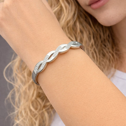 Rhodium Gold Filled Individual Bangle, Twist Design, with White Micro Pave, Polished, Rhodium Finish