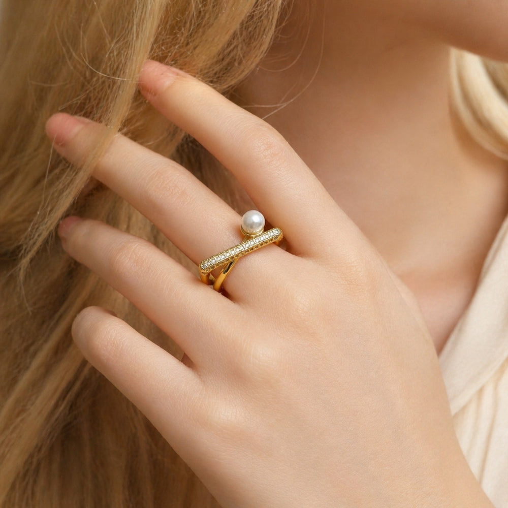 Oro Laminado Multi Stone Ring, Gold Filled Style Ball Design, with White Micro Pave and Ivory Pearl, Polished, Golden Finish