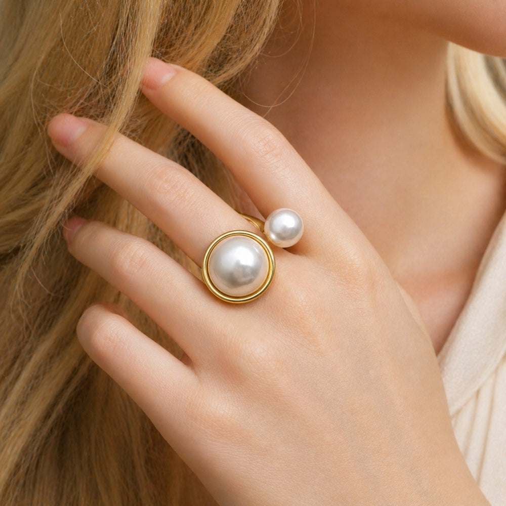 Oro Laminado Multi Stone Ring, Gold Filled Style Ball Design, with Ivory Pearl, Polished, Golden Finish
