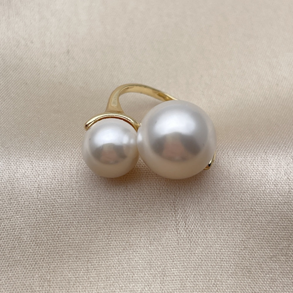 Oro Laminado Multi Stone Ring, Gold Filled Style Ball Design, with Ivory Pearl, Polished, Golden Finish