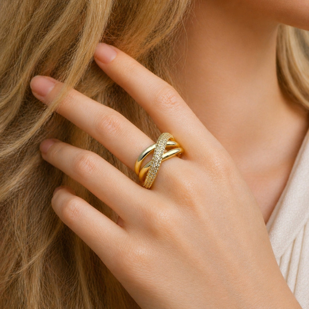 Oro Laminado Multi Stone Ring, Gold Filled Style Twist Design, with White Micro Pave, Polished, Golden Finish