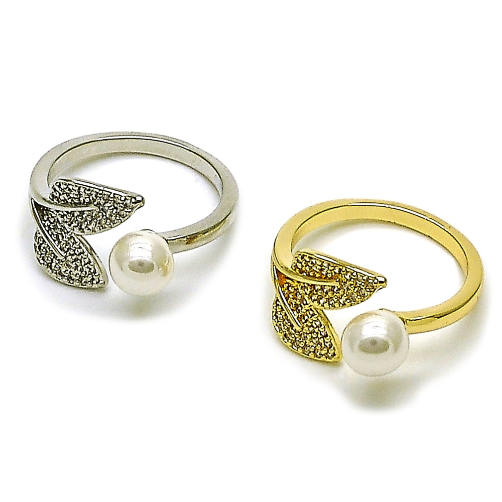 Oro Laminado Multi Stone Ring, Gold Filled Style Cherry Design, with Ivory Pearl and White Micro Pave, Polished, Golden Finish