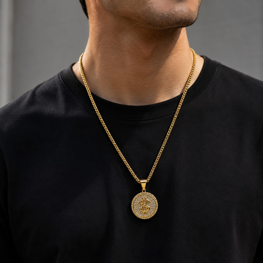 Oro Laminado Fancy Pendant, Gold Filled Style Money Sign Design, with White Cubic Zirconia, Polished, Golden Finish
