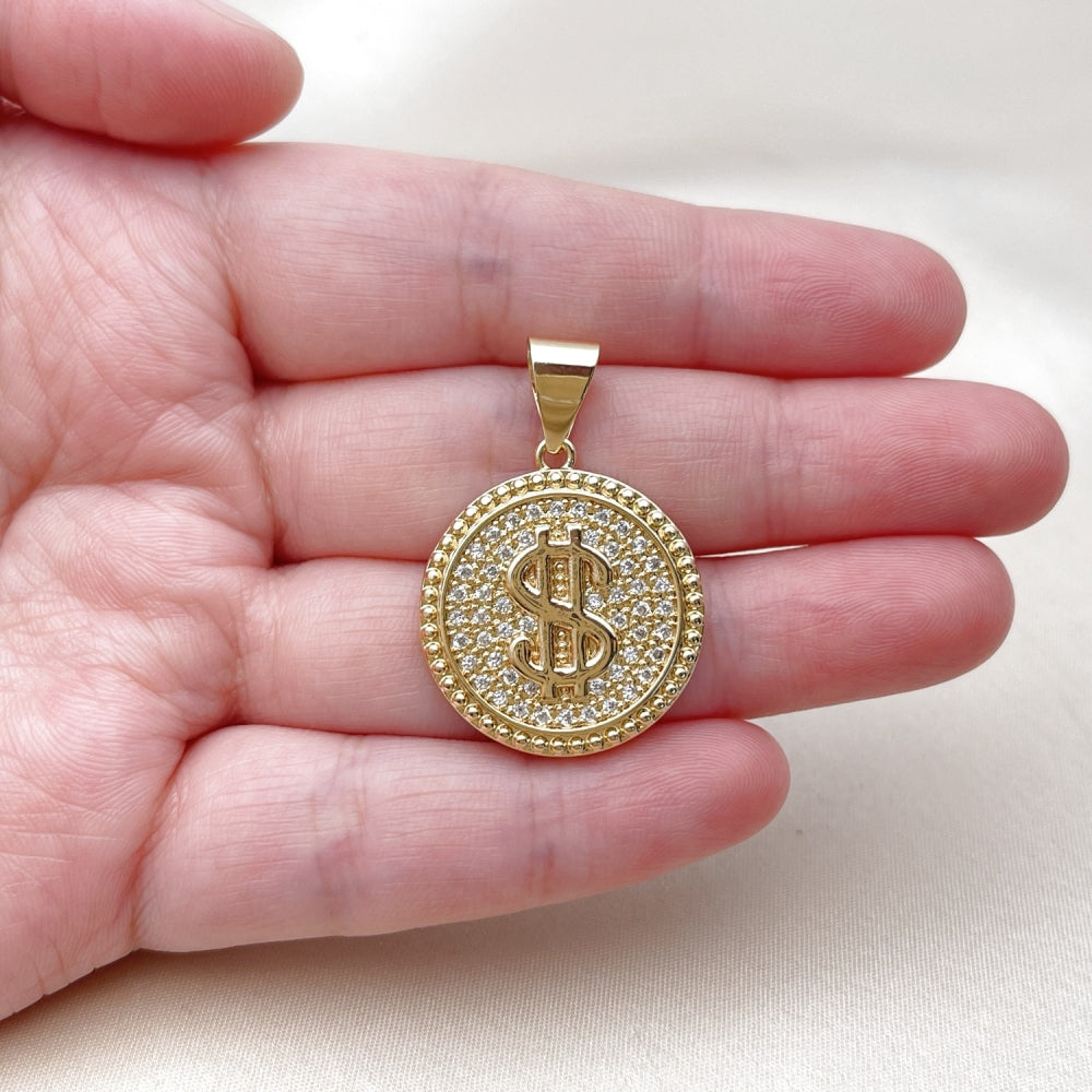 Oro Laminado Fancy Pendant, Gold Filled Style Money Sign Design, with White Cubic Zirconia, Polished, Golden Finish