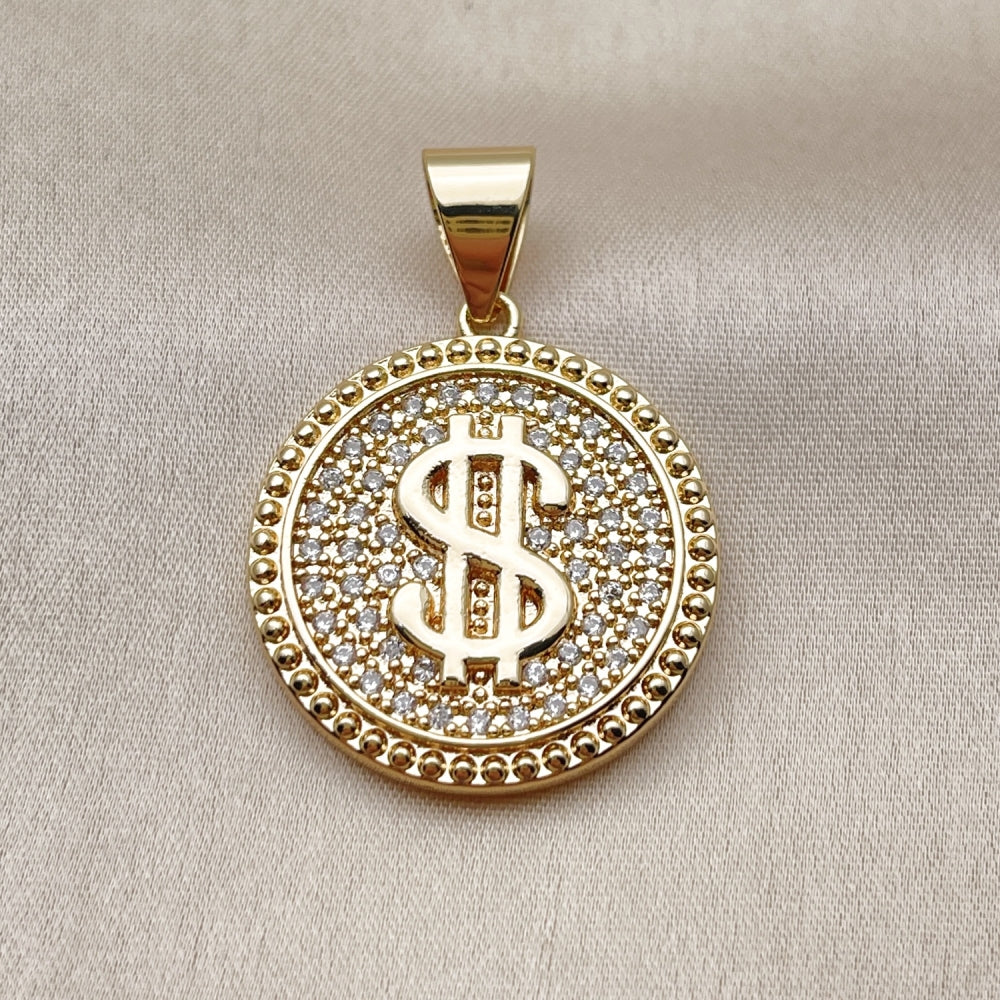 Oro Laminado Fancy Pendant, Gold Filled Style Money Sign Design, with White Cubic Zirconia, Polished, Golden Finish