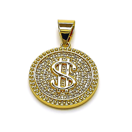 Oro Laminado Fancy Pendant, Gold Filled Style Money Sign Design, with White Cubic Zirconia, Polished, Golden Finish