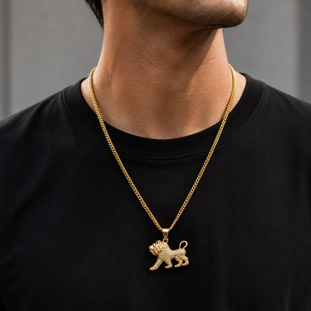 Oro Laminado Fancy Pendant, Gold Filled Style Lion Design, with White Cubic Zirconia, Polished, Golden Finish