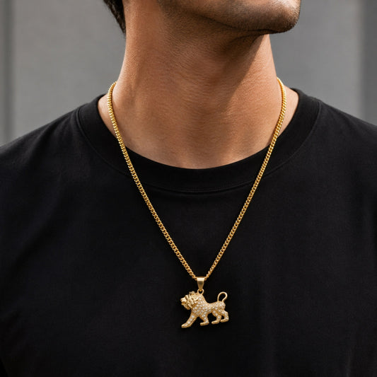Oro Laminado Fancy Pendant, Gold Filled Style Lion Design, with White Cubic Zirconia, Polished, Golden Finish