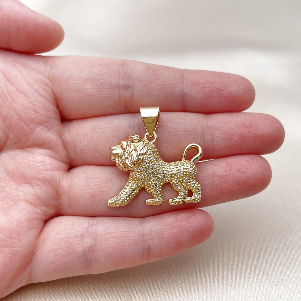Oro Laminado Fancy Pendant, Gold Filled Style Lion Design, with White Cubic Zirconia, Polished, Golden Finish