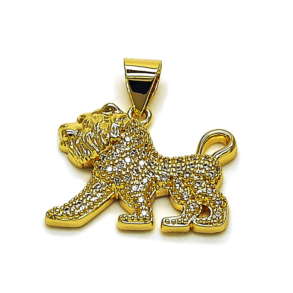 Oro Laminado Fancy Pendant, Gold Filled Style Lion Design, with White Cubic Zirconia, Polished, Golden Finish