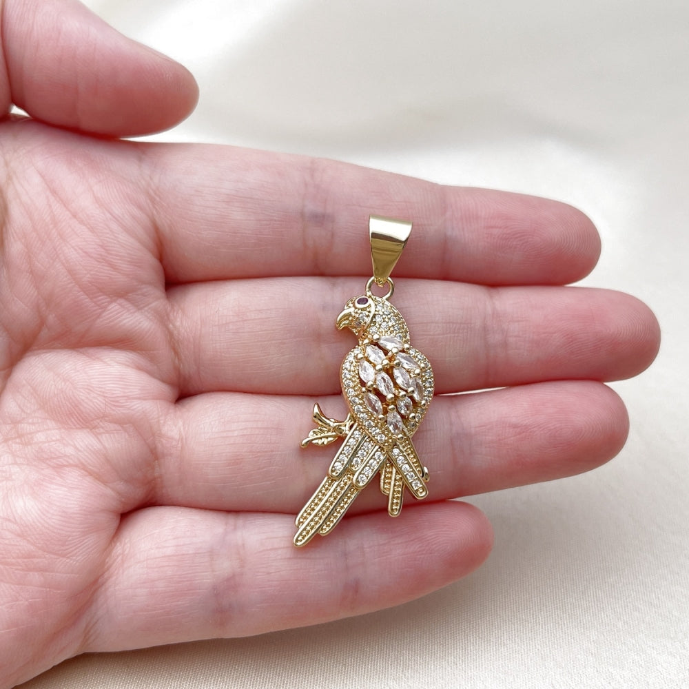 Oro Laminado Fancy Pendant, Gold Filled Style Bird Design, with White and Ruby Cubic Zirconia, Polished, Golden Finish