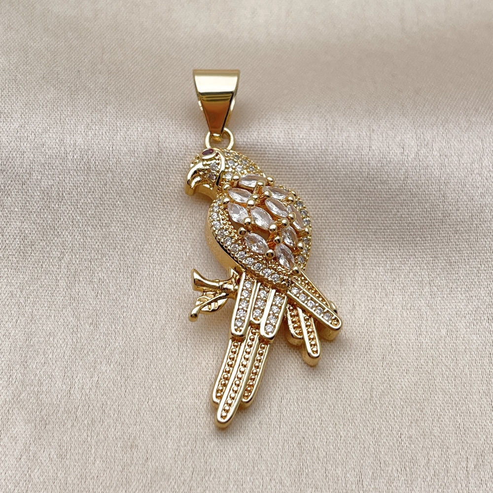 Oro Laminado Fancy Pendant, Gold Filled Style Bird Design, with White and Ruby Cubic Zirconia, Polished, Golden Finish