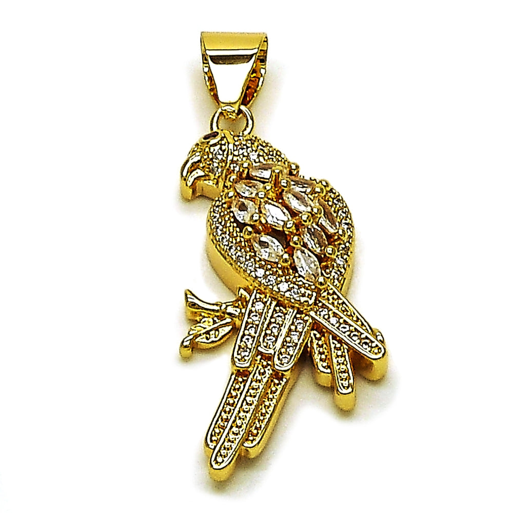 Oro Laminado Fancy Pendant, Gold Filled Style Bird Design, with White and Ruby Cubic Zirconia, Polished, Golden Finish
