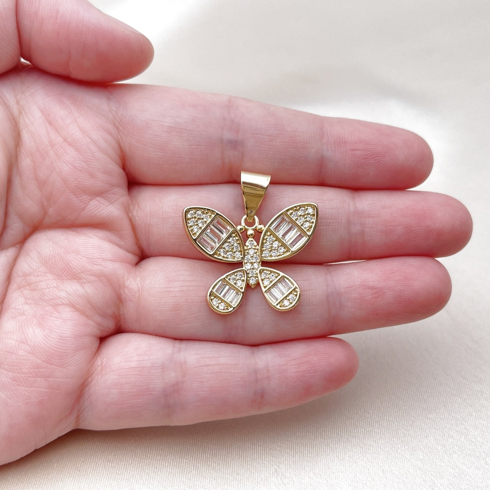 Oro Laminado Fancy Pendant, Gold Filled Style Butterfly and Baguette Design, with White Cubic Zirconia, Polished, Golden Finish