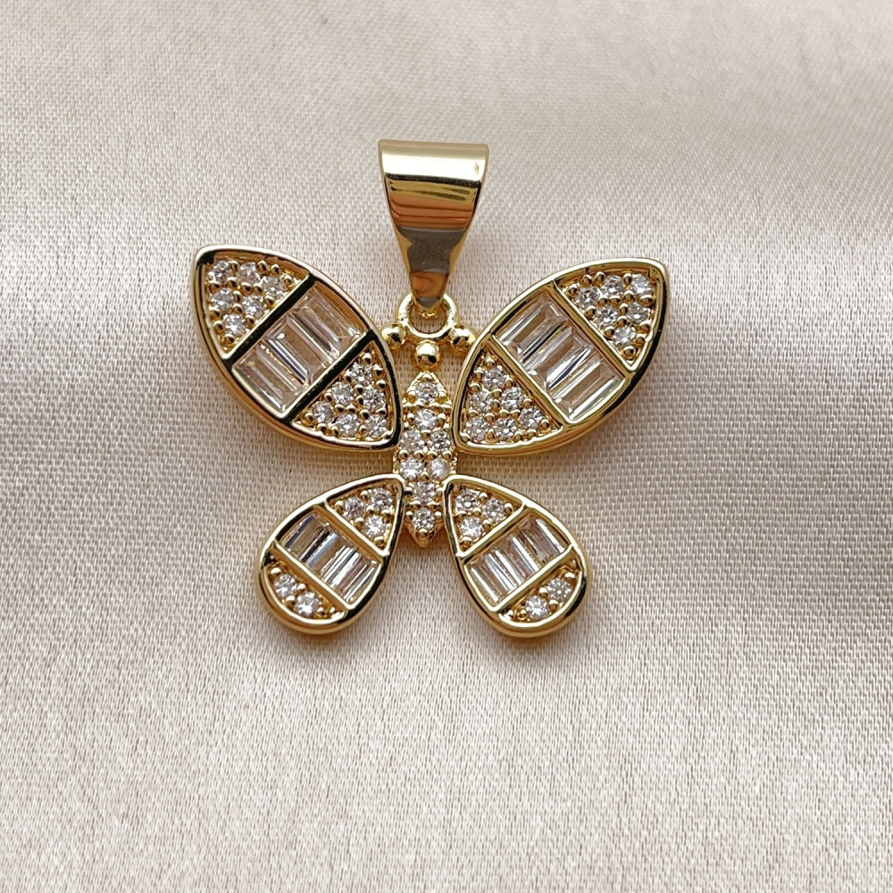 Oro Laminado Fancy Pendant, Gold Filled Style Butterfly and Baguette Design, with White Cubic Zirconia, Polished, Golden Finish