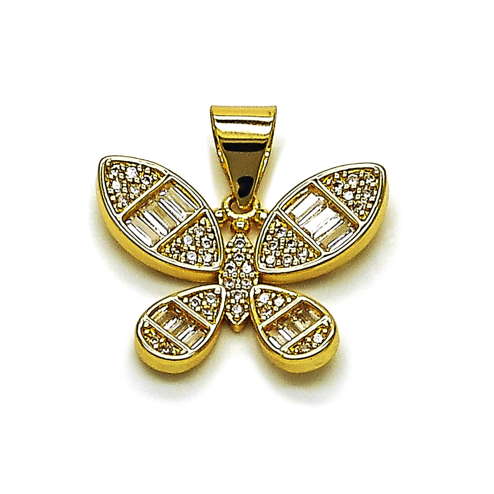 Oro Laminado Fancy Pendant, Gold Filled Style Butterfly and Baguette Design, with White Cubic Zirconia, Polished, Golden Finish