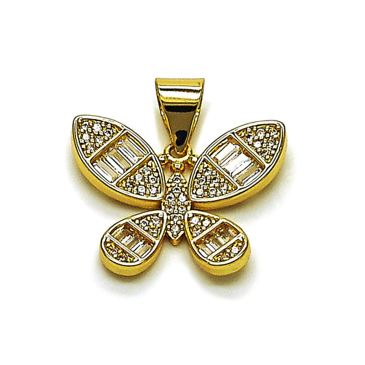 Oro Laminado Fancy Pendant, Gold Filled Style Butterfly and Baguette Design, with White Cubic Zirconia, Polished, Golden Finish