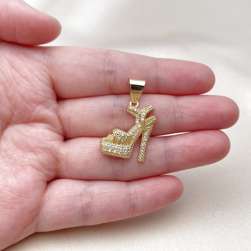 Oro Laminado Religious Pendant, Gold Filled Style Shoes Design, with White Cubic Zirconia, Polished, Golden Finish