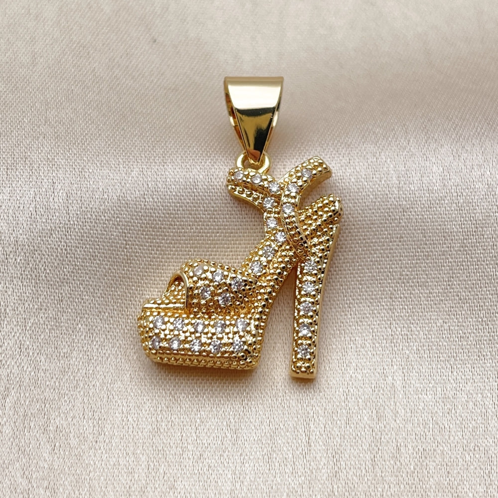 Oro Laminado Religious Pendant, Gold Filled Style Shoes Design, with White Cubic Zirconia, Polished, Golden Finish