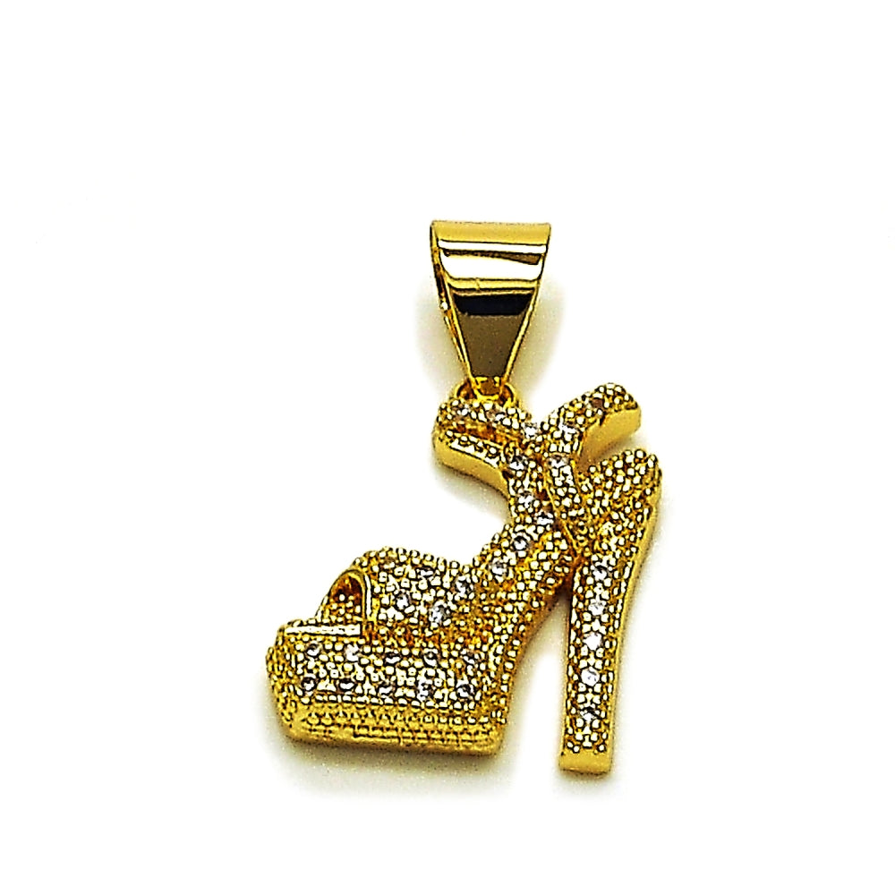 Oro Laminado Religious Pendant, Gold Filled Style Shoes Design, with White Cubic Zirconia, Polished, Golden Finish