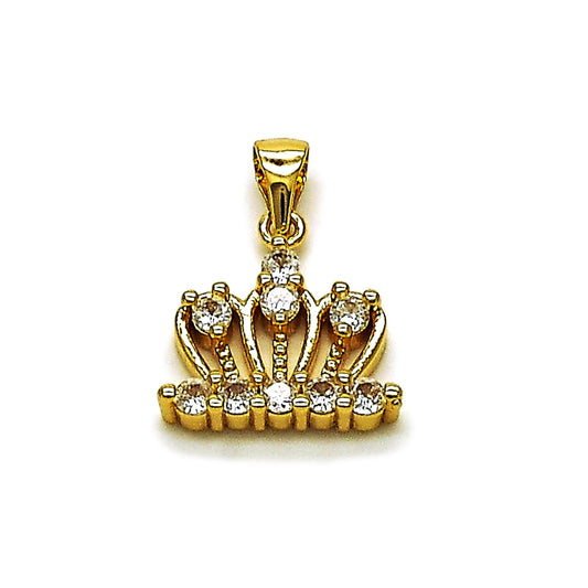 Oro Laminado Fancy Pendant, Gold Filled Style Crown Design, with White Cubic Zirconia, Polished, Golden Finish