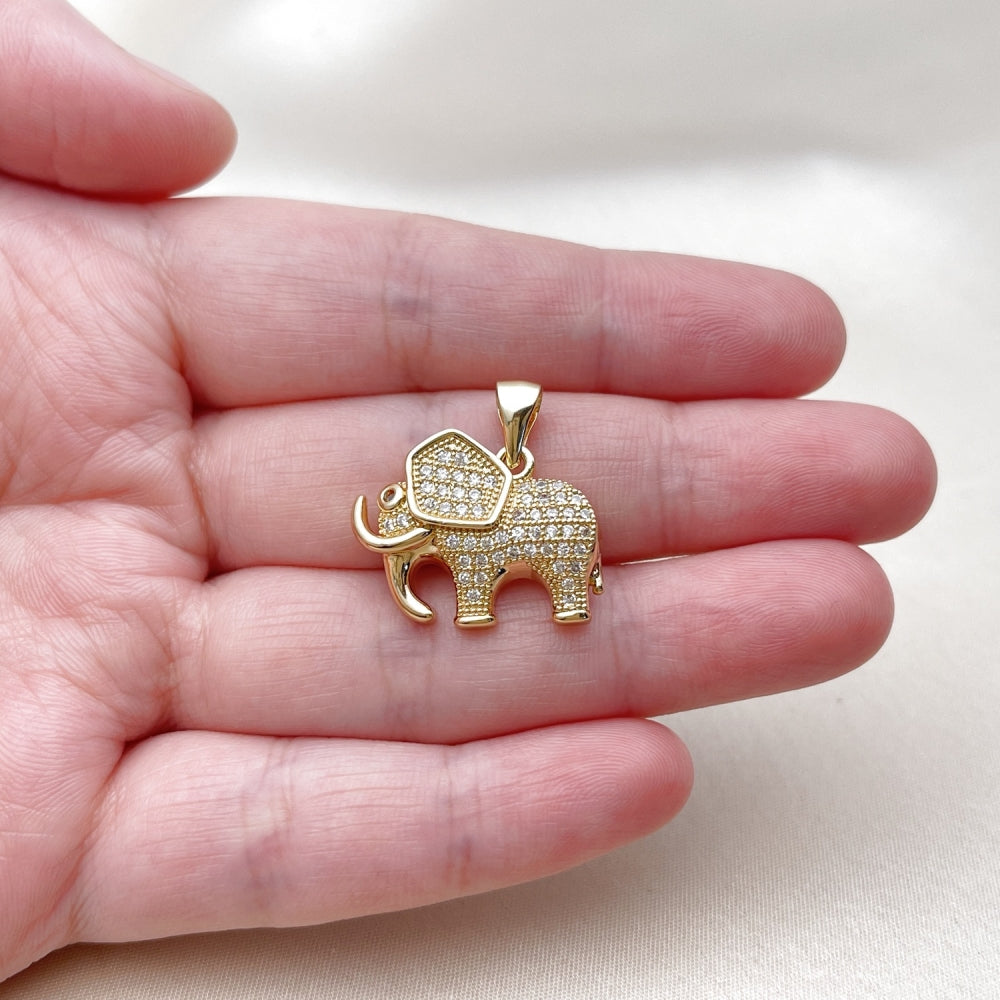 Oro Laminado Religious Pendant, Gold Filled Style Elephant Design, with White and Garnet Cubic Zirconia, Polished, Golden Finish