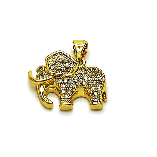 Oro Laminado Religious Pendant, Gold Filled Style Elephant Design, with White and Garnet Cubic Zirconia, Polished, Golden Finish
