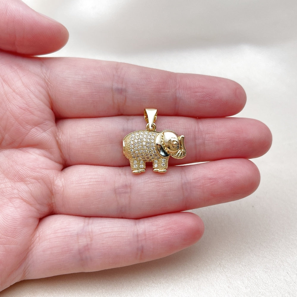 Oro Laminado Religious Pendant, Gold Filled Style Elephant Design, with White Cubic Zirconia, Polished, Golden Finish