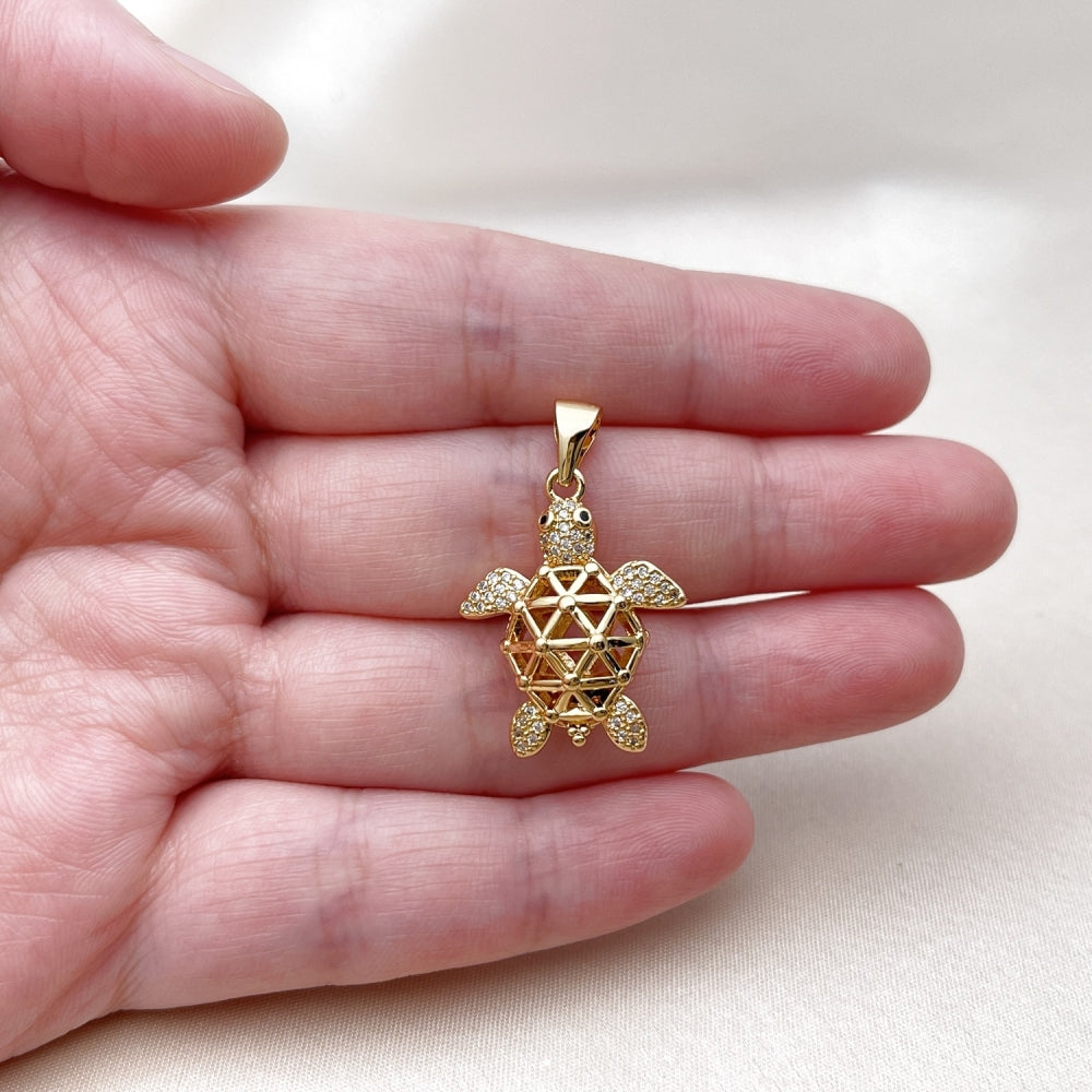 Oro Laminado Fancy Pendant, Gold Filled Style Turtle Design, with White and Black Micro Pave, Polished, Golden Finish