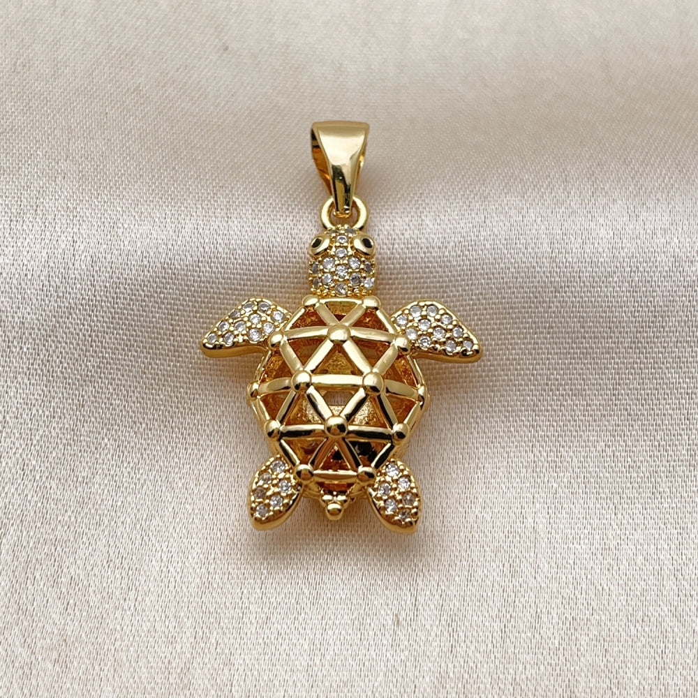 Oro Laminado Fancy Pendant, Gold Filled Style Turtle Design, with White and Black Micro Pave, Polished, Golden Finish