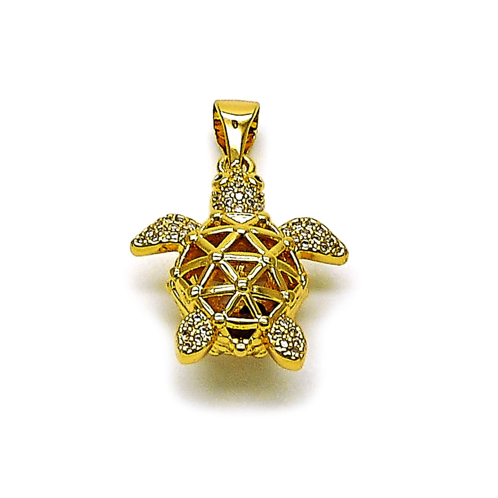 Oro Laminado Fancy Pendant, Gold Filled Style Turtle Design, with White and Black Micro Pave, Polished, Golden Finish