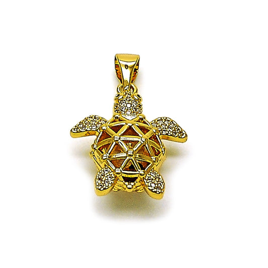 Oro Laminado Fancy Pendant, Gold Filled Style Turtle Design, with White and Black Micro Pave, Polished, Golden Finish
