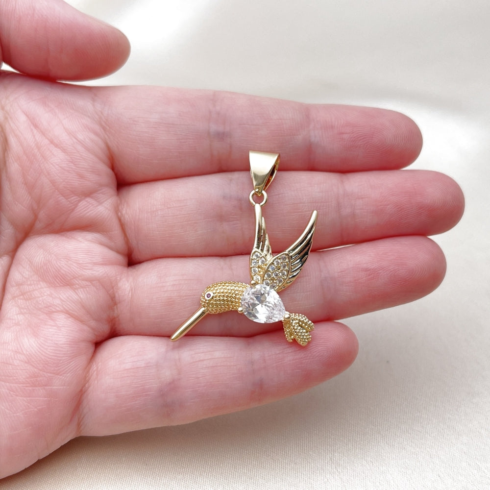 Oro Laminado Fancy Pendant, Gold Filled Style Bird Design, with White Cubic Zirconia, Polished, Golden Finish