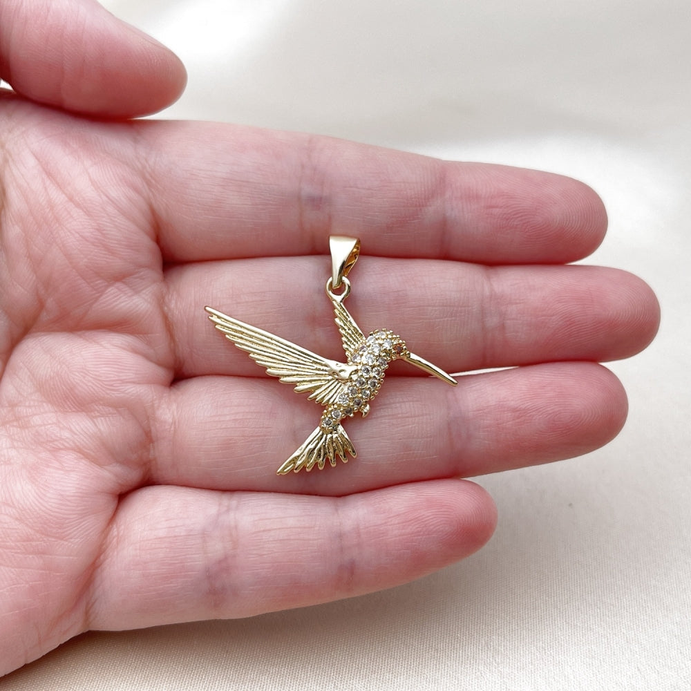 Oro Laminado Fancy Pendant, Gold Filled Style Bird Design, with White and Garnet Cubic Zirconia, Polished, Golden Finish