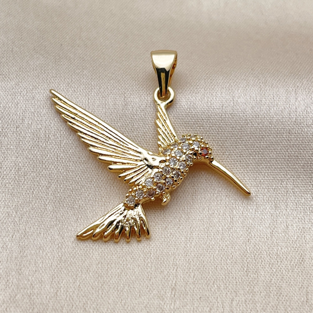 Oro Laminado Fancy Pendant, Gold Filled Style Bird Design, with White and Garnet Cubic Zirconia, Polished, Golden Finish