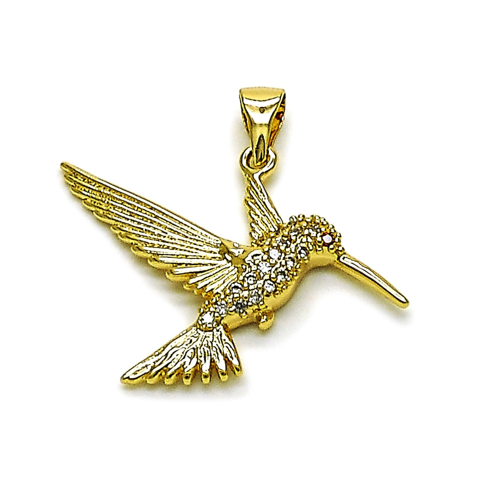 Oro Laminado Fancy Pendant, Gold Filled Style Bird Design, with White and Garnet Cubic Zirconia, Polished, Golden Finish