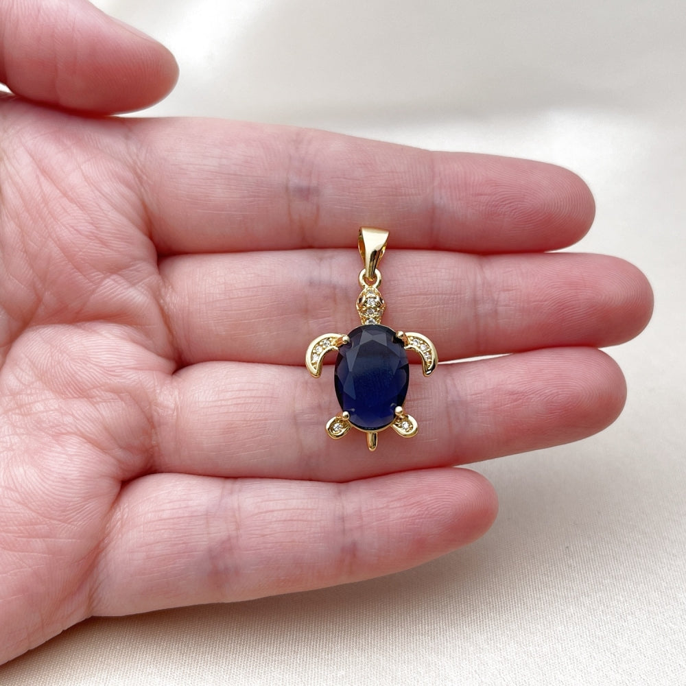 Oro Laminado Fancy Pendant, Gold Filled Style Turtle Design, with Sapphire Blue Cubic Zirconia and White Micro Pave, Polished, Golden Finish