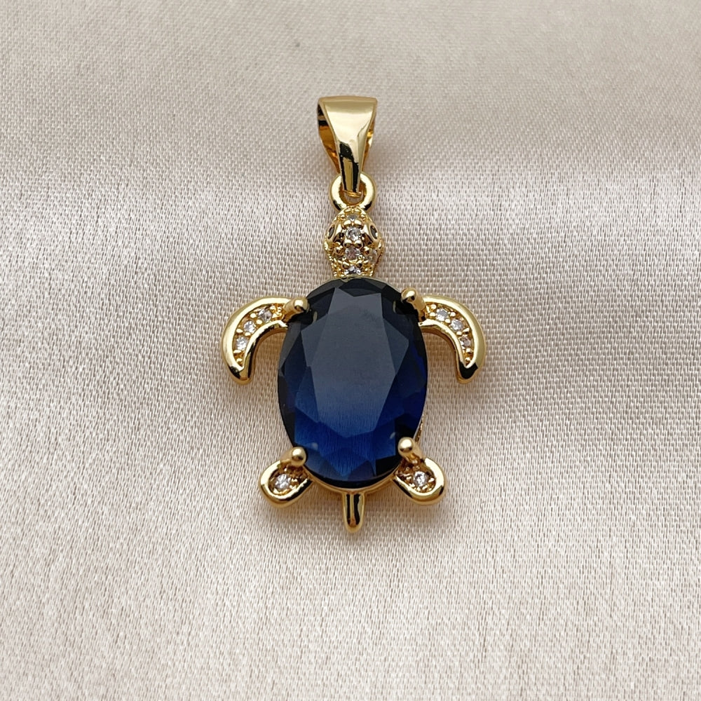 Oro Laminado Fancy Pendant, Gold Filled Style Turtle Design, with Sapphire Blue Cubic Zirconia and White Micro Pave, Polished, Golden Finish