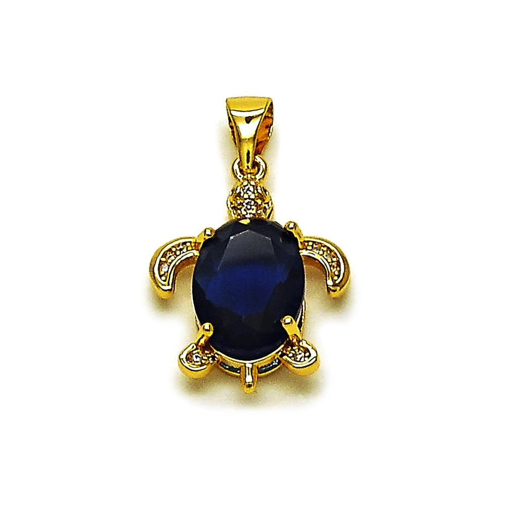 Oro Laminado Fancy Pendant, Gold Filled Style Turtle Design, with Sapphire Blue Cubic Zirconia and White Micro Pave, Polished, Golden Finish