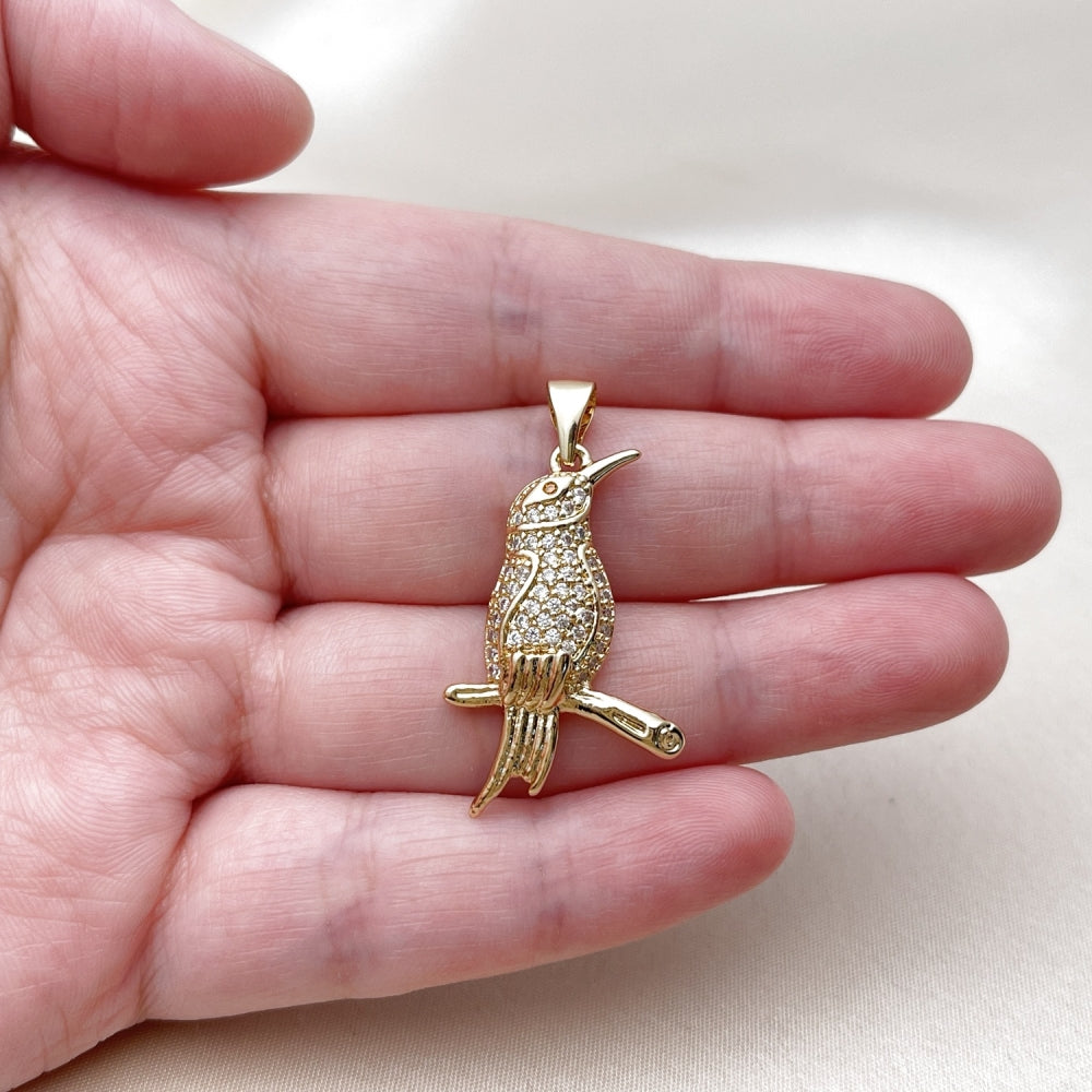 Oro Laminado Fancy Pendant, Gold Filled Style Bird Design, with White and Garnet Cubic Zirconia, Polished, Golden Finish