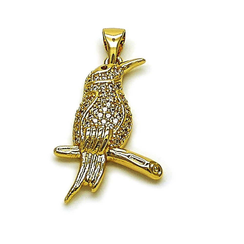 Oro Laminado Fancy Pendant, Gold Filled Style Bird Design, with White and Garnet Cubic Zirconia, Polished, Golden Finish