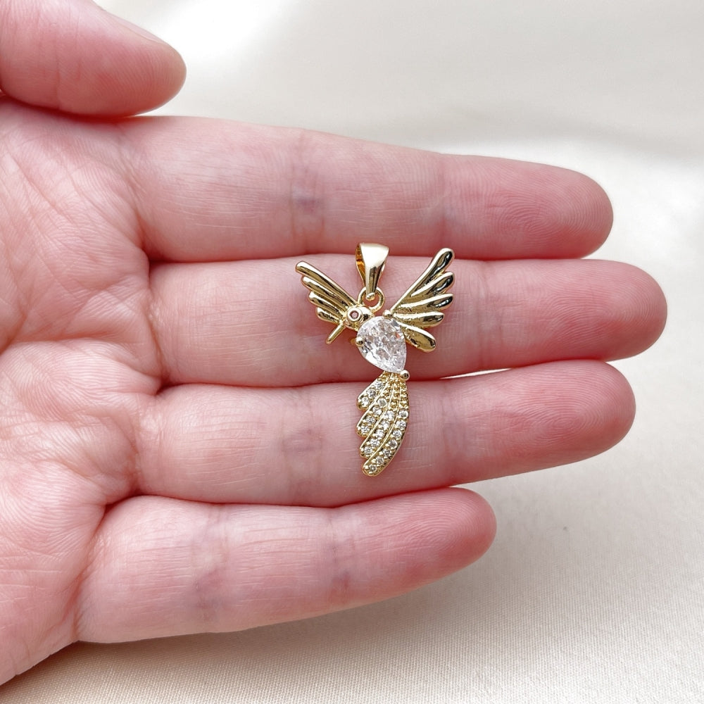 Oro Laminado Fancy Pendant, Gold Filled Style Bird and Teardrop Design, with White Cubic Zirconia and White Micro Pave, Polished, Golden Finish