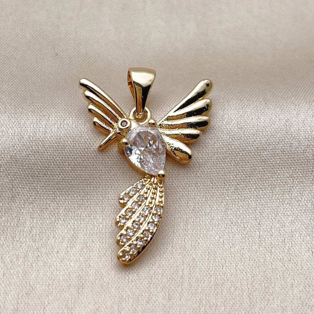 Oro Laminado Fancy Pendant, Gold Filled Style Bird and Teardrop Design, with White Cubic Zirconia and White Micro Pave, Polished, Golden Finish